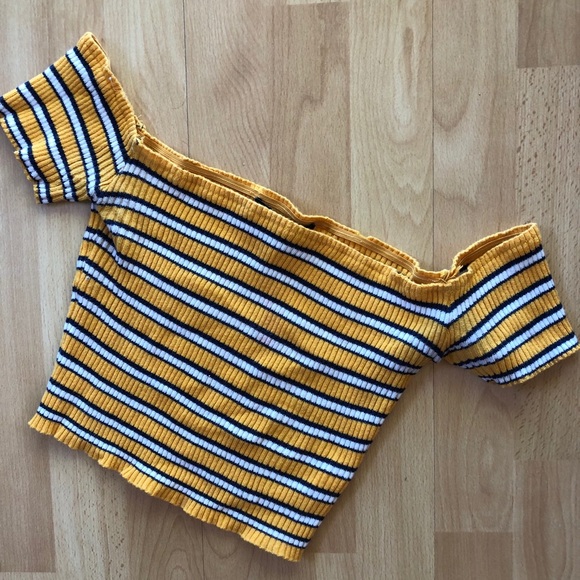 Urban Planet Tops - 🐝🐝 Striped Crop Top Short Sleeves Square Neck Off Shoulder Yellow Black White